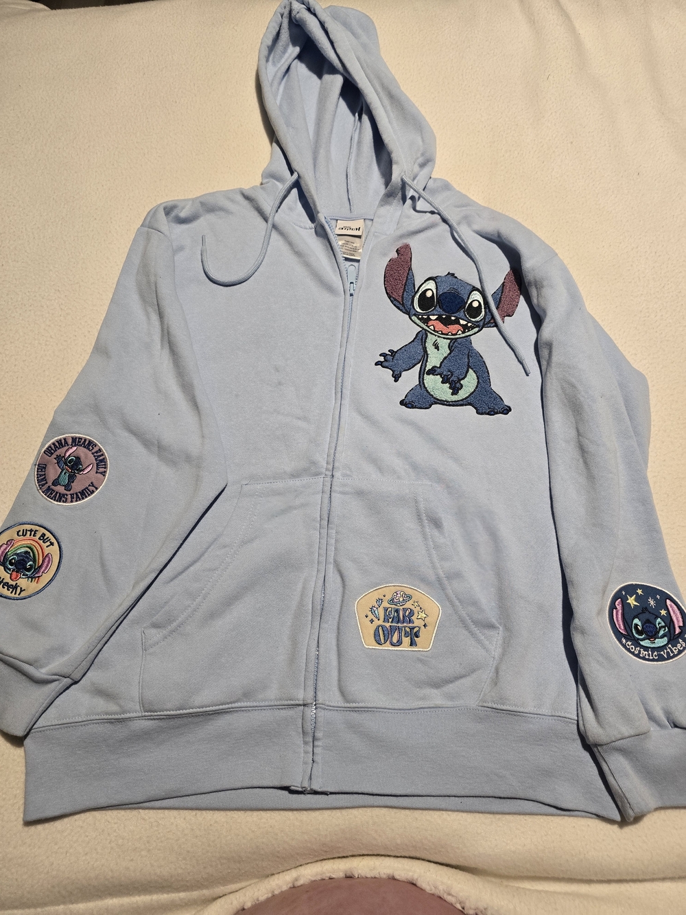 Disney Light Blue Stitch Hoodie with Embroidered Character and Patch Accents